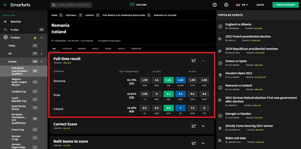 smarkets markets for romania v iceland desktop