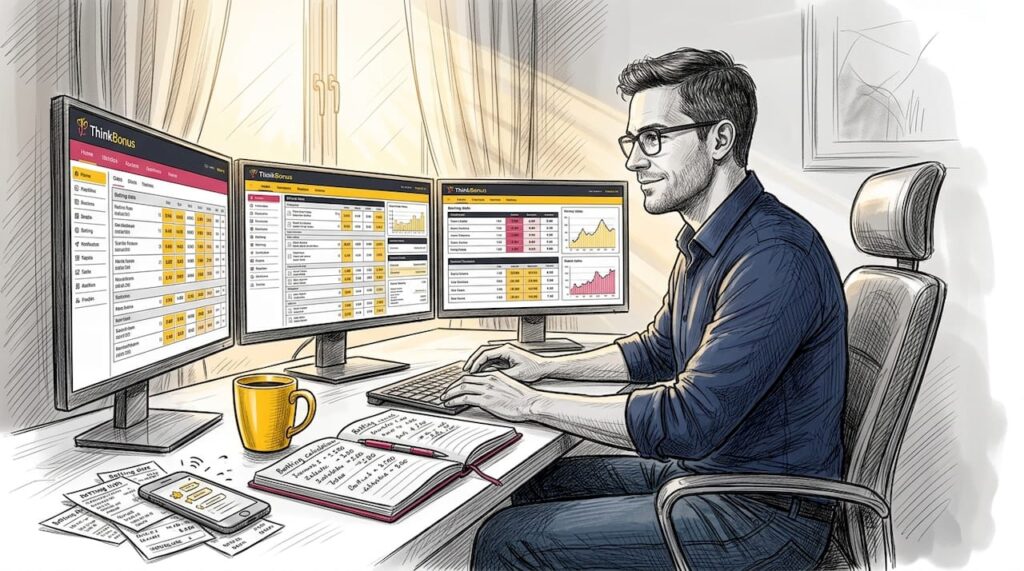 Advanced Matched Betting Techniques to Maximize Profits Male bettor using matched betting tools at home desk