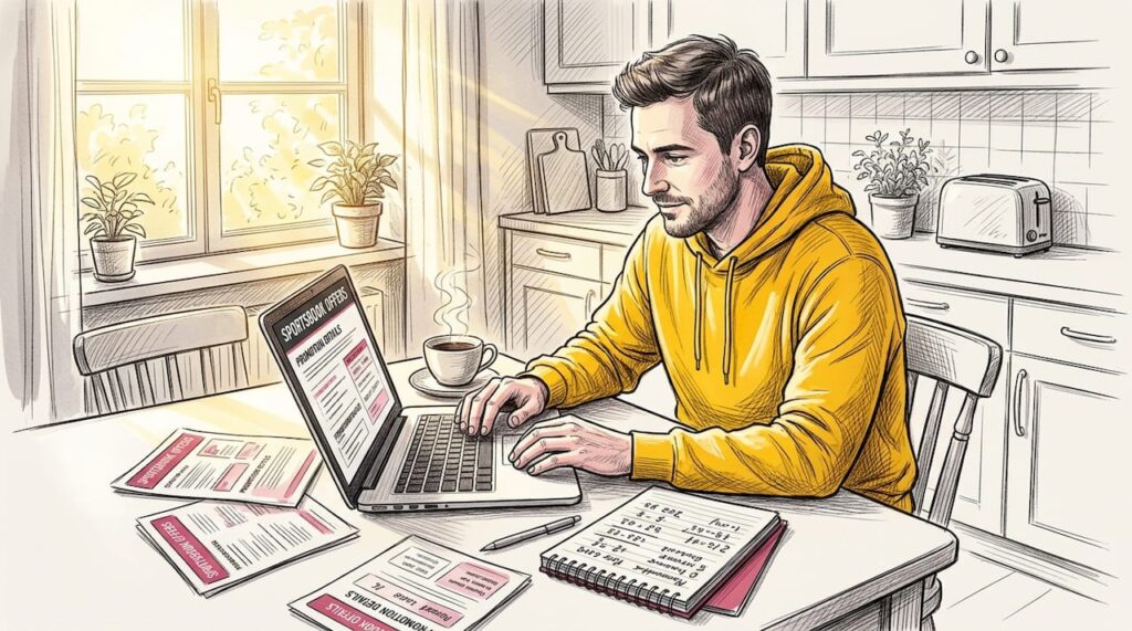 Bookmaker Promotion Checklist for Sports Fans 2026 Sports fan reviewing bookmaker promotions at home table