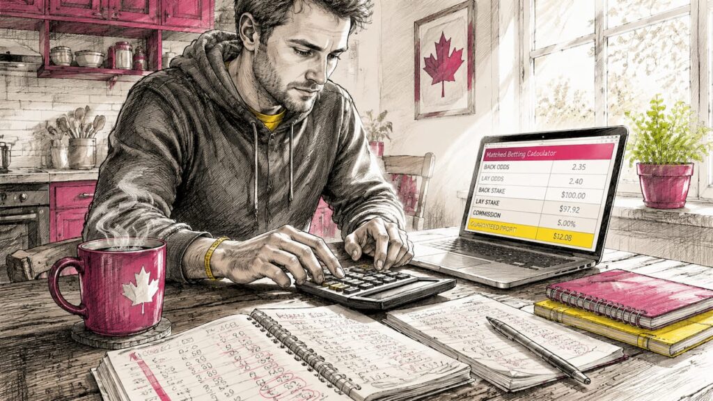 Man calculating matched betting profits at home desk