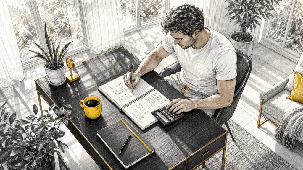Man calculating matched betting stakes at home