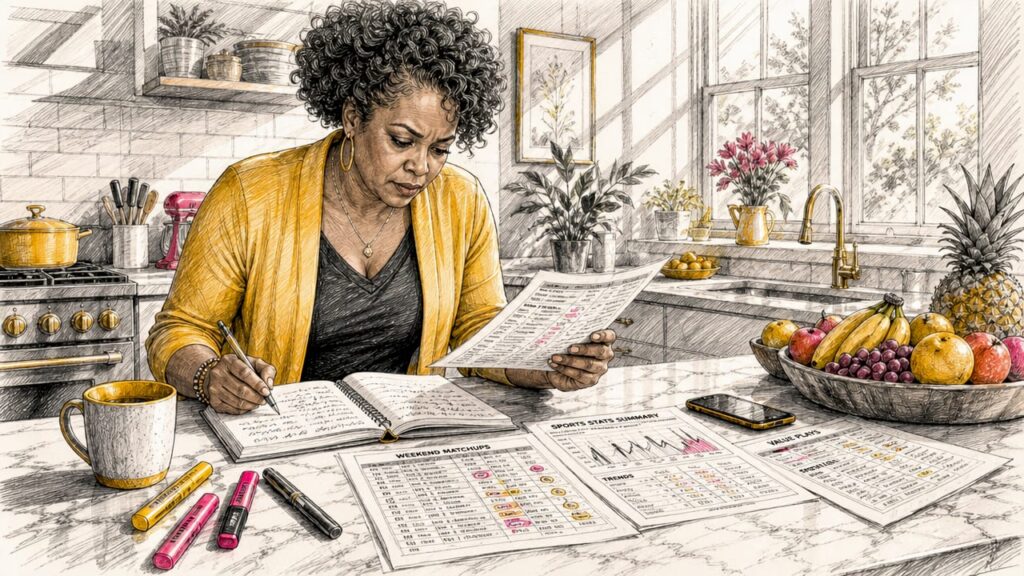 Woman analyzing betting tip sheets at home desk