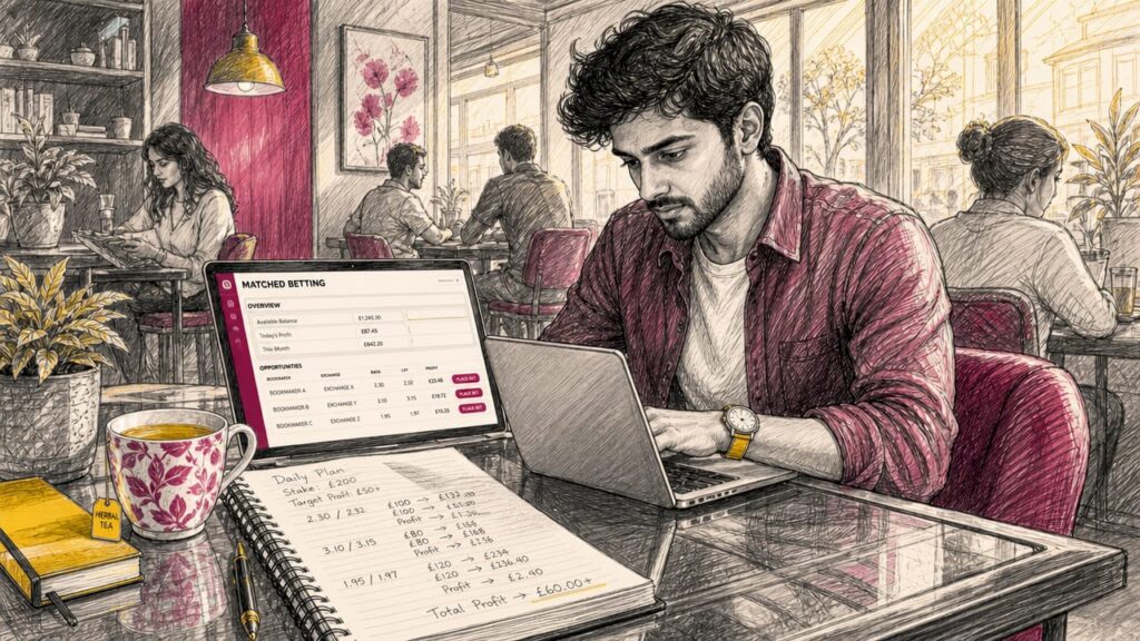 Your First Matched Betting Profit Guide for Beginners Man placing matched bets on laptop at home