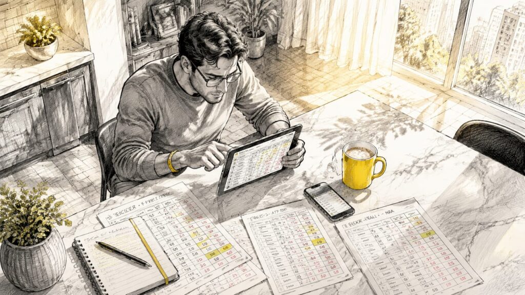 Canadian man tracking matched betting on tablet at kitchen table