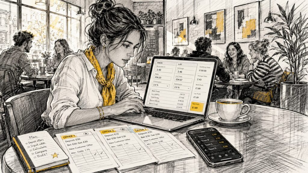 Woman using matched betting calculator at home desk