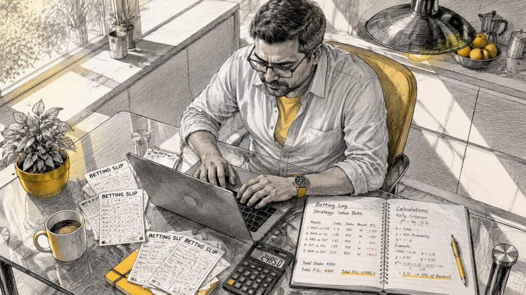 Man entering bets into laptop at desk