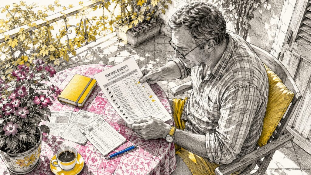 Man reviewing matched betting racing events list